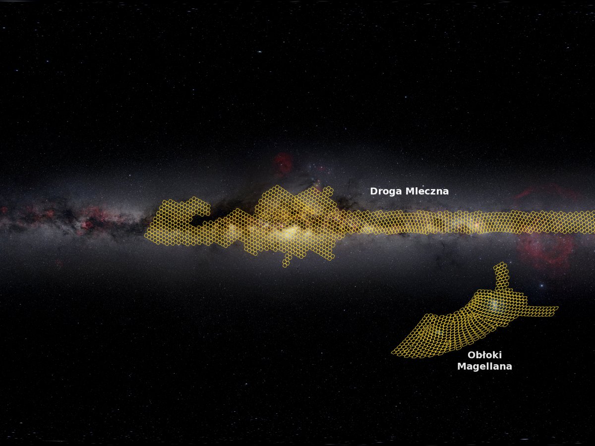 Mapa nieba z polami regularnie obserwowanymi w ramach projektu OGLE - Drogą Mleczną i Obłokami Magellana